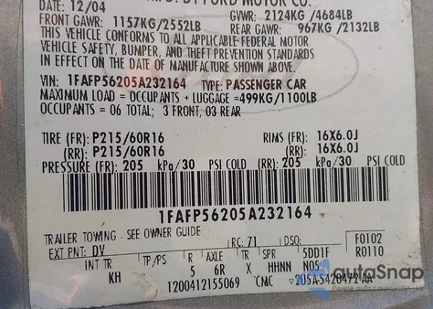 2005 Ford Taurus Sel from USA, damaged, VIN 1FAFP56205A232164